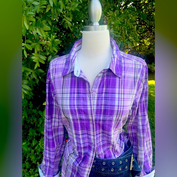 Christopher & Banks Purple Plaid Button Down Shirt - Picture 3 of 8